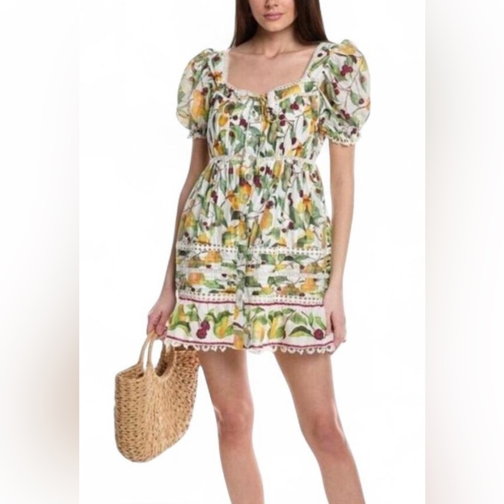 FARM Rio Cream Floral & Fruit Puff-Sleeve Mini Dress